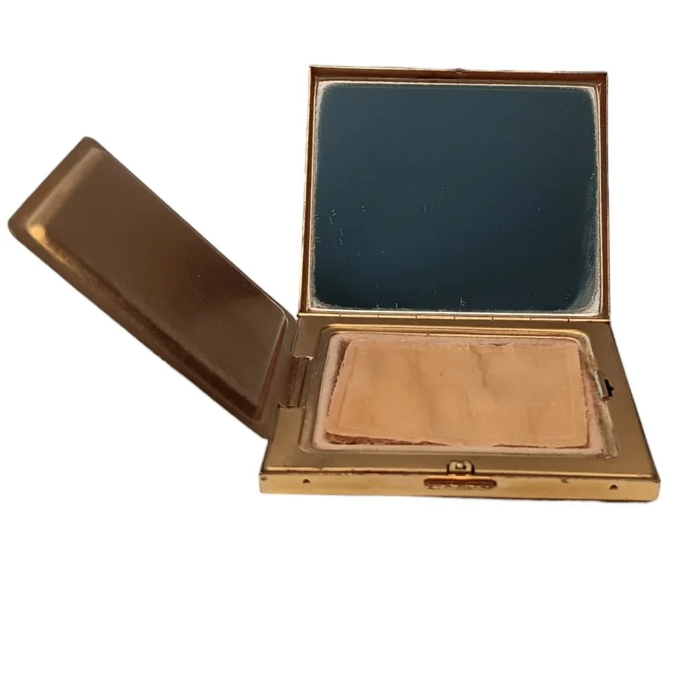Vintage Gold Powder Compact With Mirror Wave Sea Ocean Design With Powder Puff